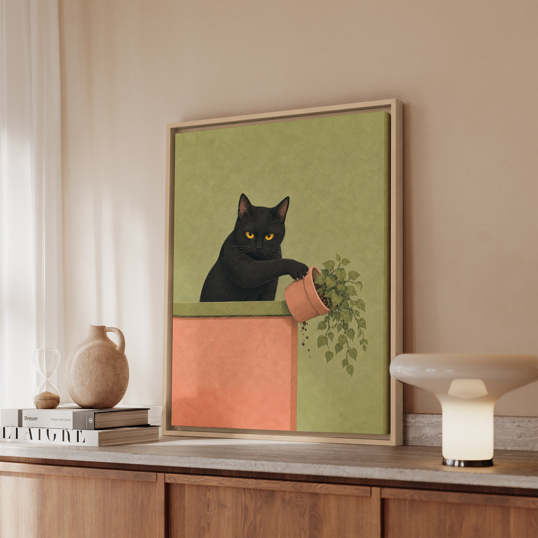 Plant Assassin – Funny Cat Art with a Potted Victim and Eye Contact – Framed Canvas Wall Art