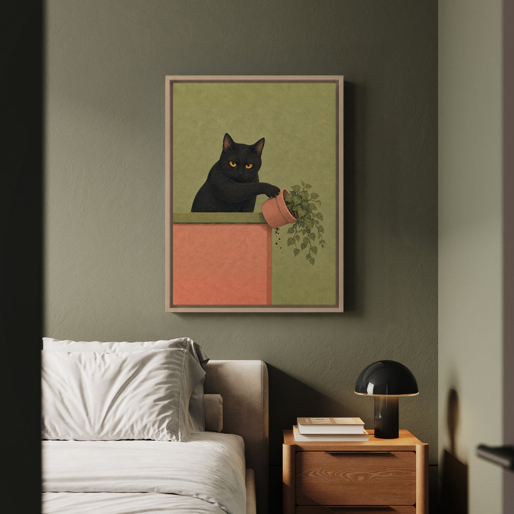 Plant Assassin – Funny Cat Art with a Potted Victim and Eye Contact – Framed Canvas Wall Art