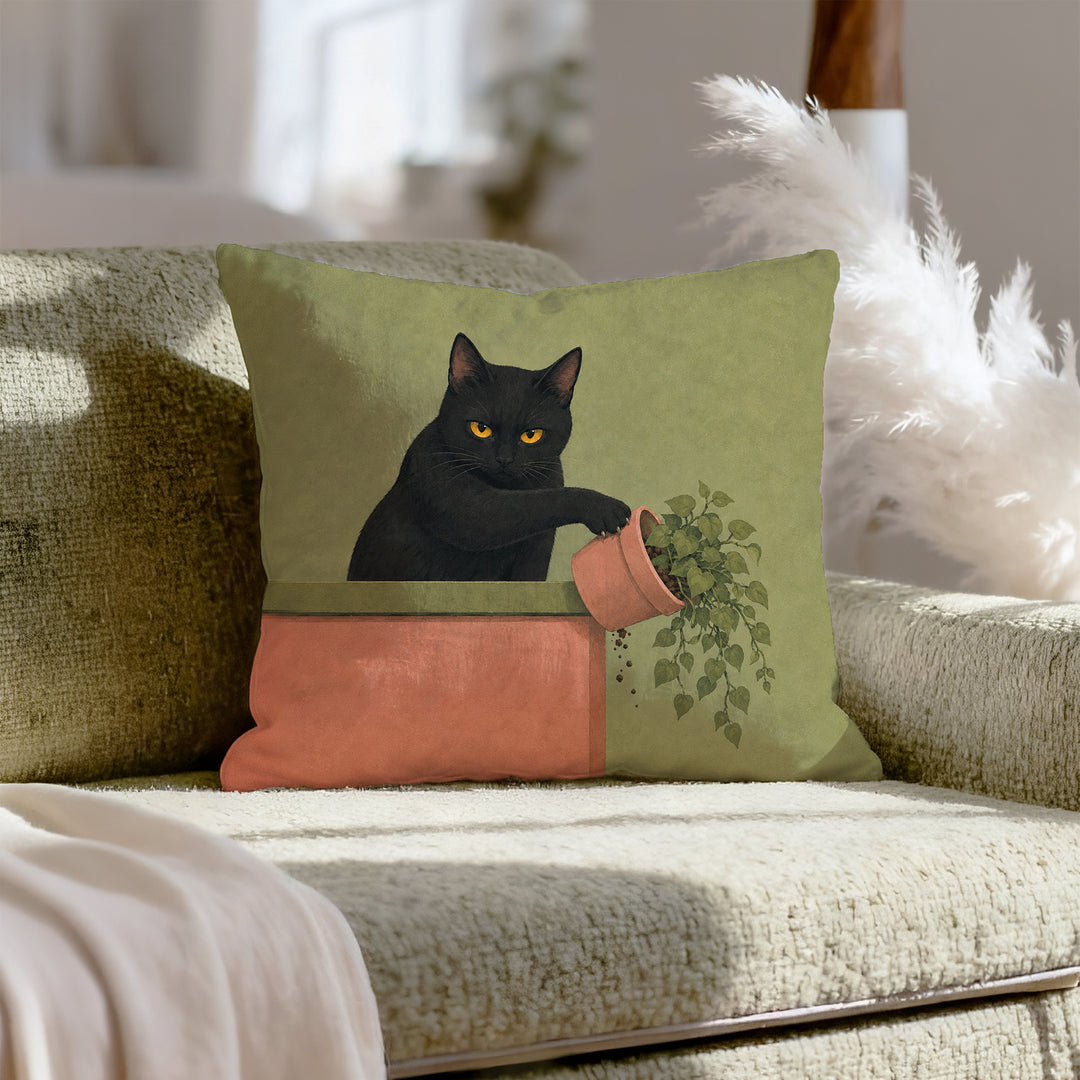 Plant Assassin – Funny Cat Decor with a Potted Victim and Eye Contact – Pillow Cover