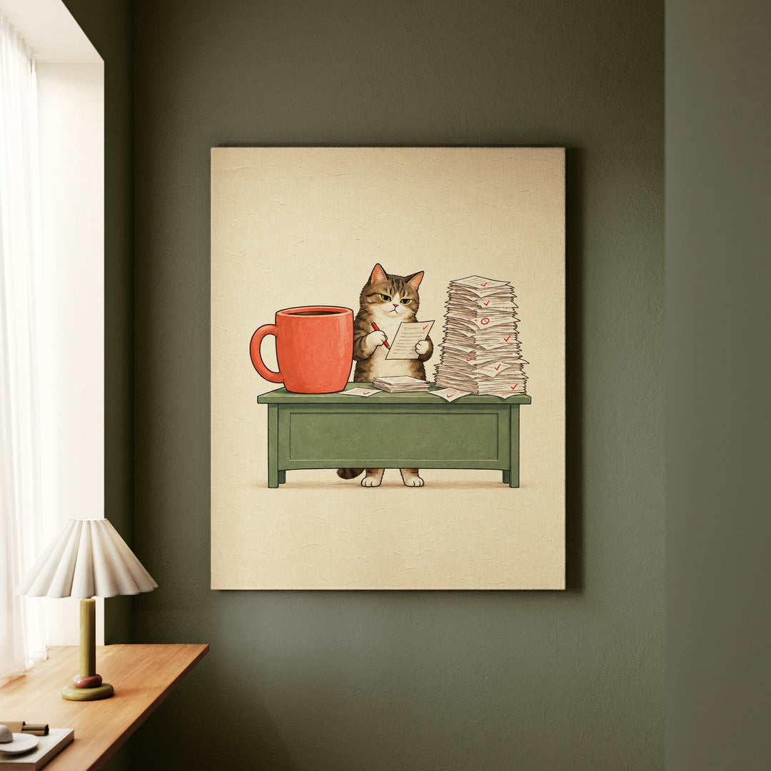 Teacher Fuel – Teacher Wall Art with a Cat and a Grading Mountain – Canvas Wall Art