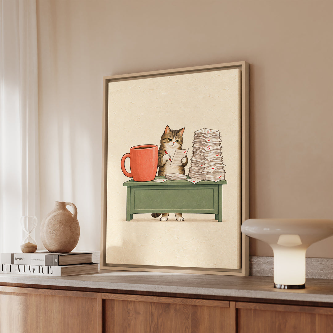 Teacher Fuel – Teacher Wall Art with a Cat and a Grading Mountain – Framed Canvas Wall Art