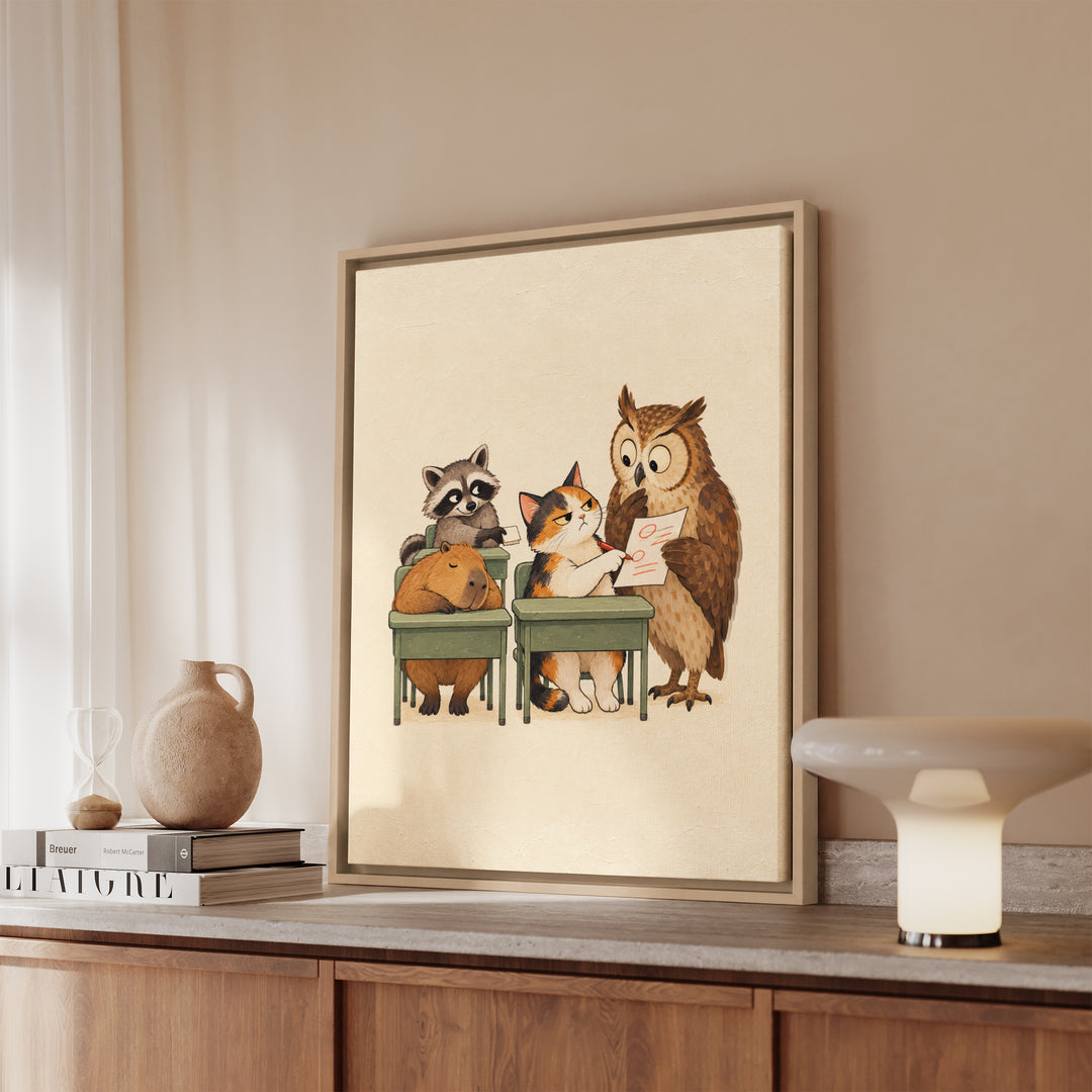 Classroom Zoo – Classroom Wall Art with a Raccoon Passing Notes – Framed Canvas Wall Art