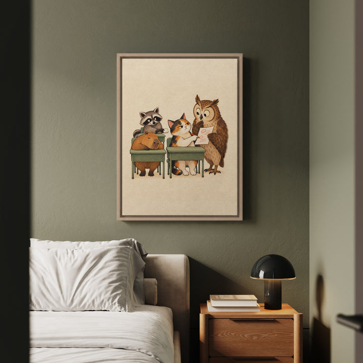 Classroom Zoo – Classroom Wall Art with a Raccoon Passing Notes – Framed Canvas Wall Art