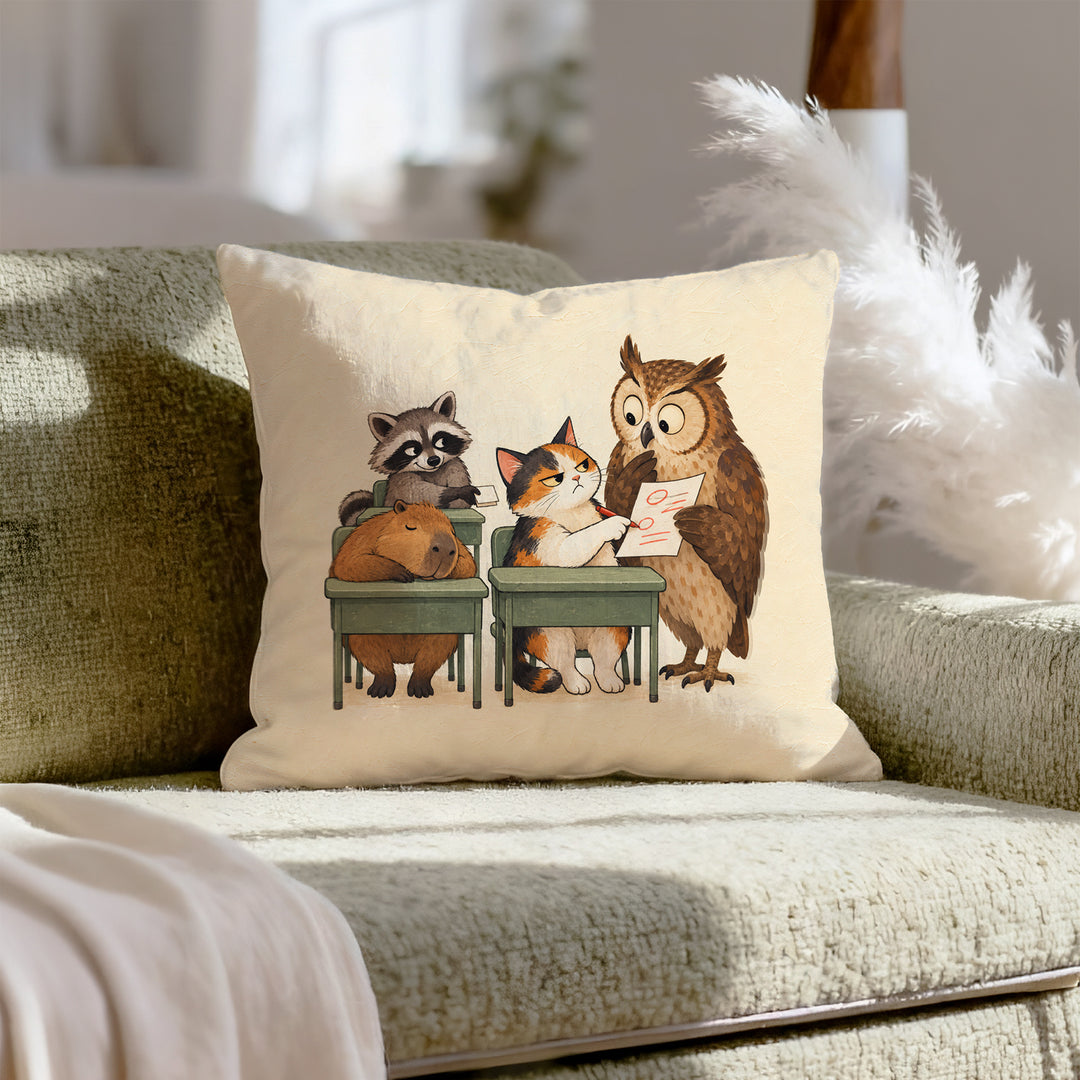 Classroom Zoo – Schoolroom Decor with a Raccoon Passing Notes – Pillow Cover