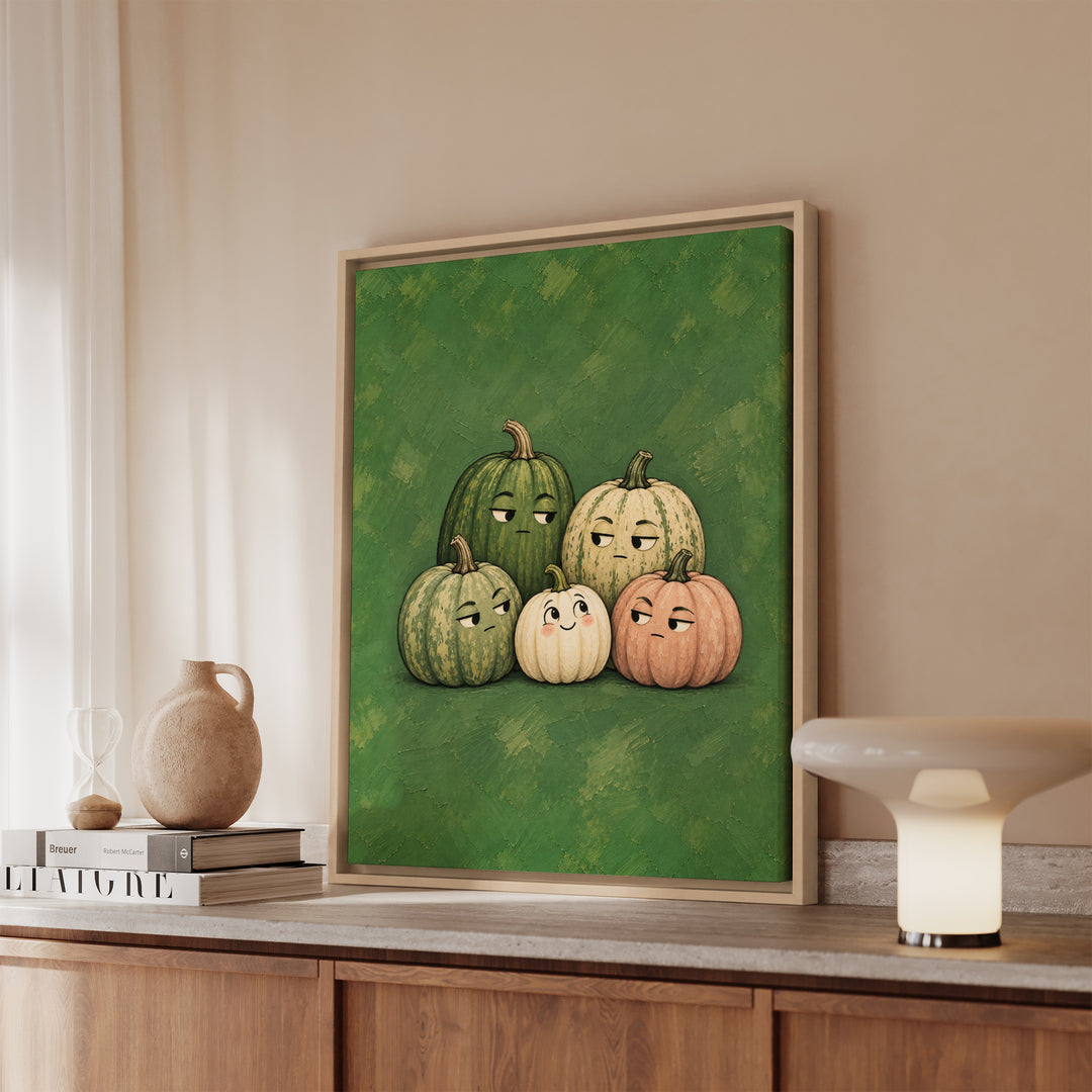 Pumpkin Committee – Pumpkin Wall Art with a Group Portrait of Gourds – Framed Canvas Wall Art