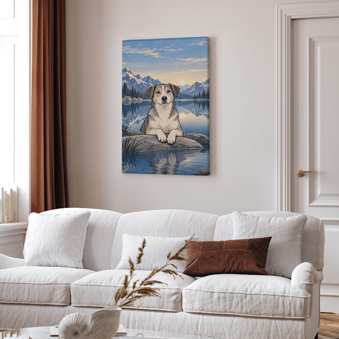 Still Water – Therapy Office Decor with an Alpine Lake at Dawn – Canvas Wall Art