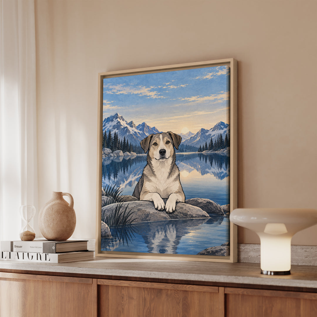 Still Water – Therapy Office Decor with an Alpine Lake at Dawn – Framed Canvas Wall Art