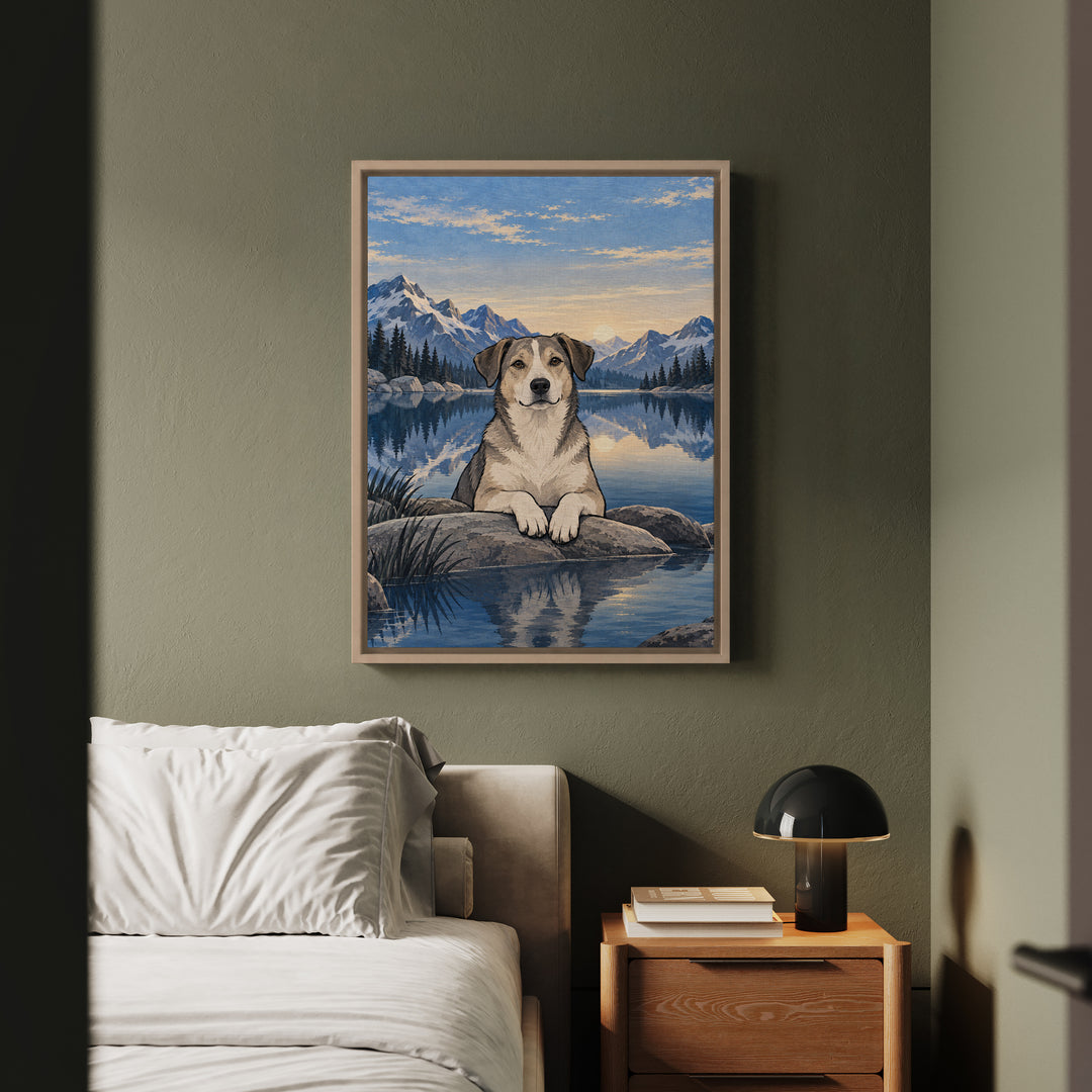 Still Water – Therapy Office Decor with an Alpine Lake at Dawn – Framed Canvas Wall Art