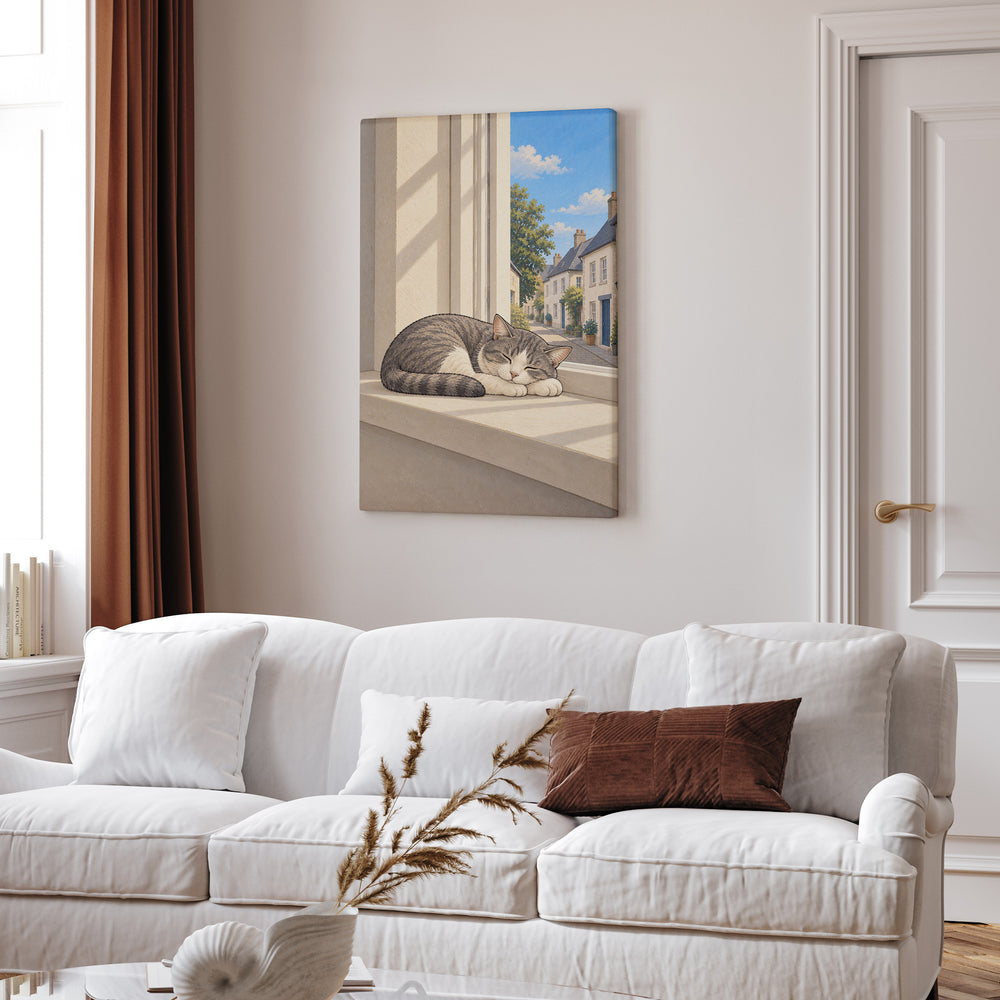 Window Nap – Therapy Office Decor with a Cat in Soft Light – Canvas Wall Art