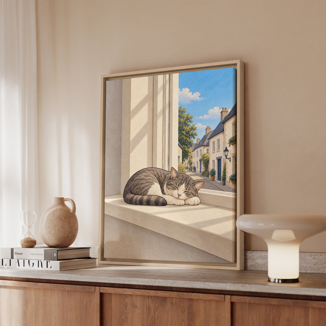 Window Nap – Therapy Office Decor with a Cat in Soft Light – Framed Canvas Wall Art