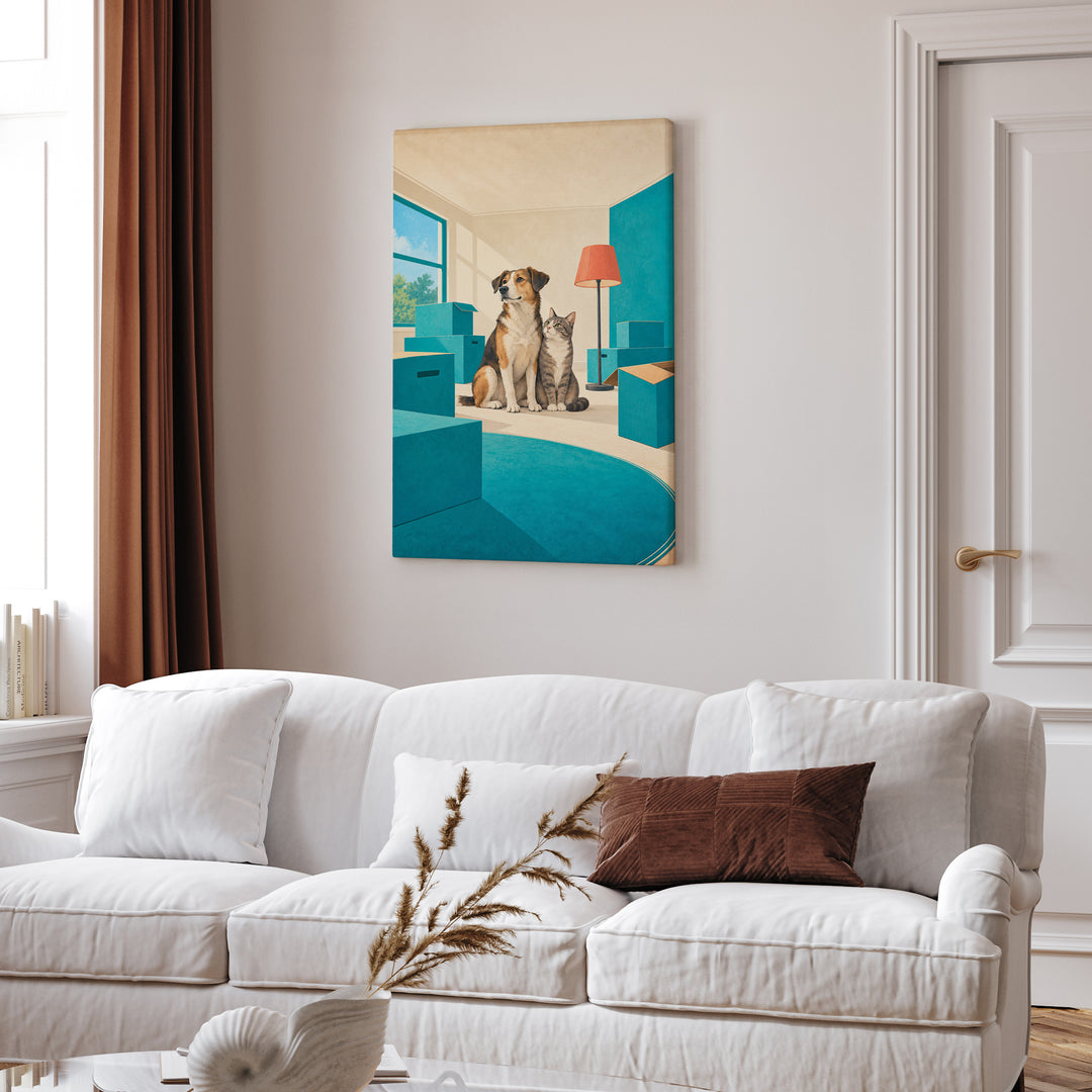 Home Sweet Chaos – Eclectic Wall Art with Moving Boxes in an Empty Room – Canvas Wall Art