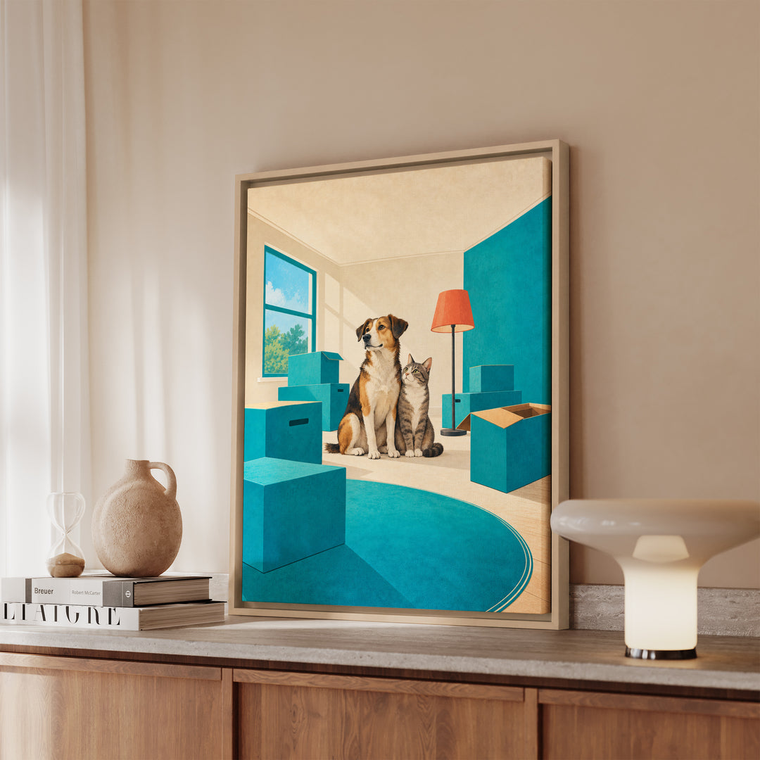 Home Sweet Chaos – Eclectic Wall Art with Moving Boxes in an Empty Room – Canvas / Framed Canvas