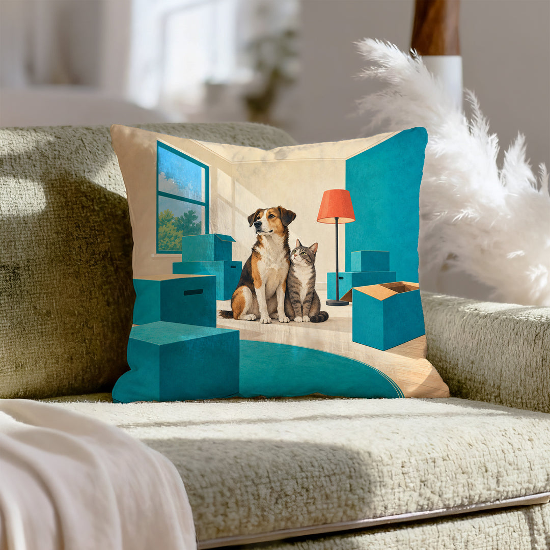 Home Sweet Chaos – Eclectic Decor with Moving Boxes in an Empty Room – Throw Pillow