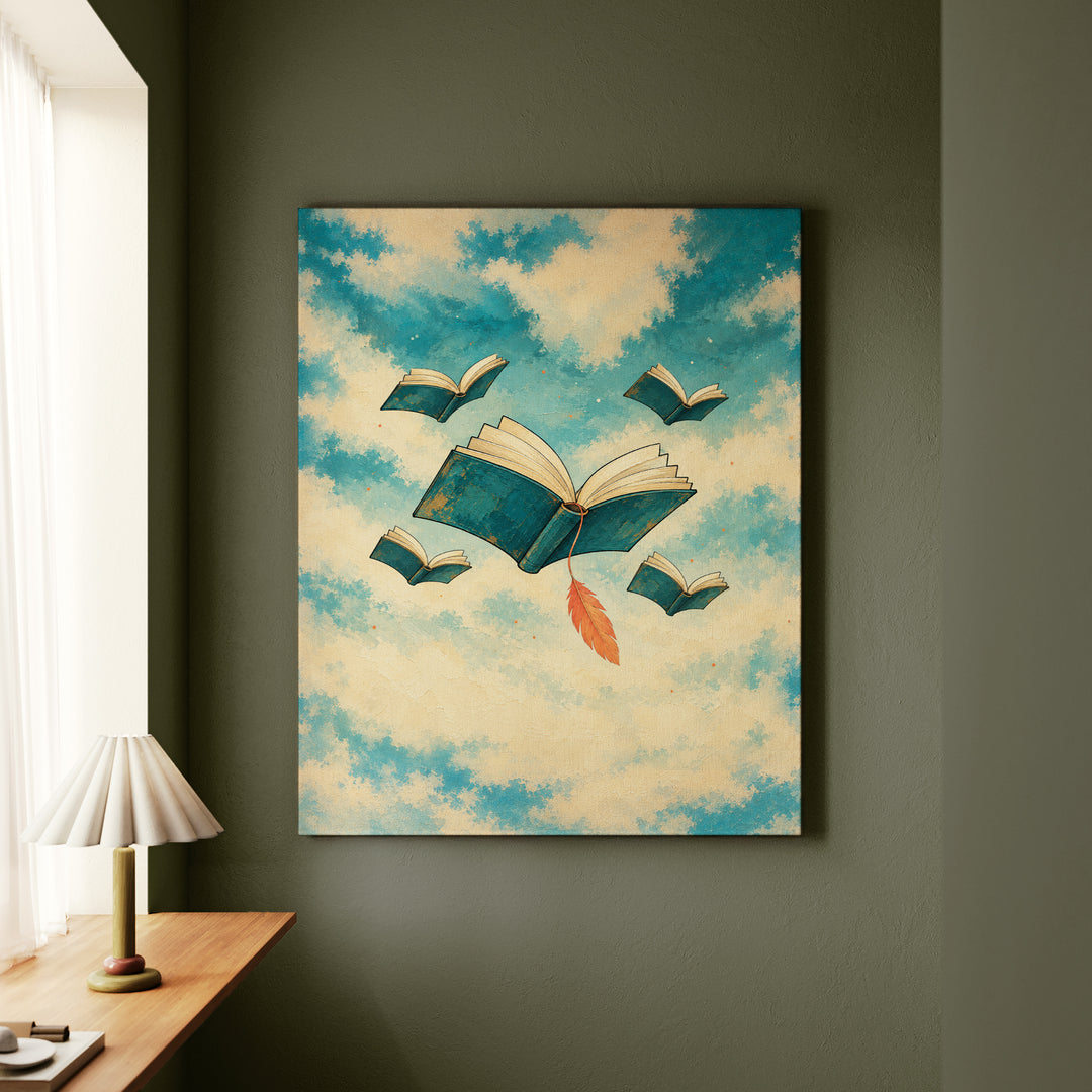 Floating Library – Whimsical Wall Art with Open Books Drifting at Dusk – Canvas / Framed Canvas