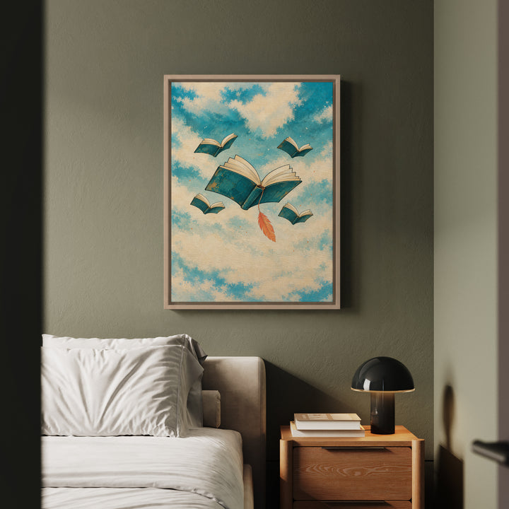 Floating Library – Whimsical Wall Art with Open Books Drifting at Dusk – Canvas / Framed Canvas