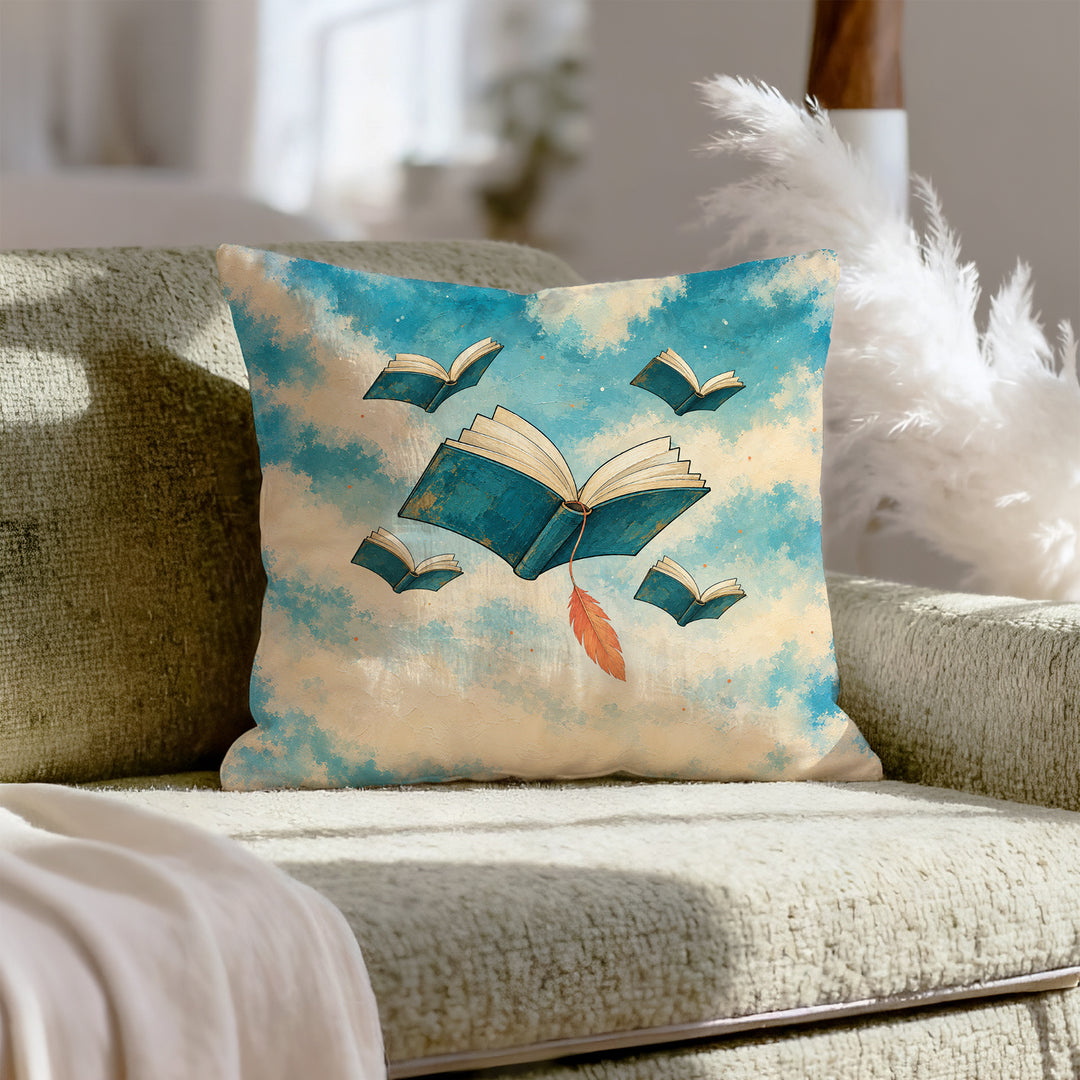 Floating Library – Whimsical Decor with Open Books Drifting at Dusk – Pillow Cover