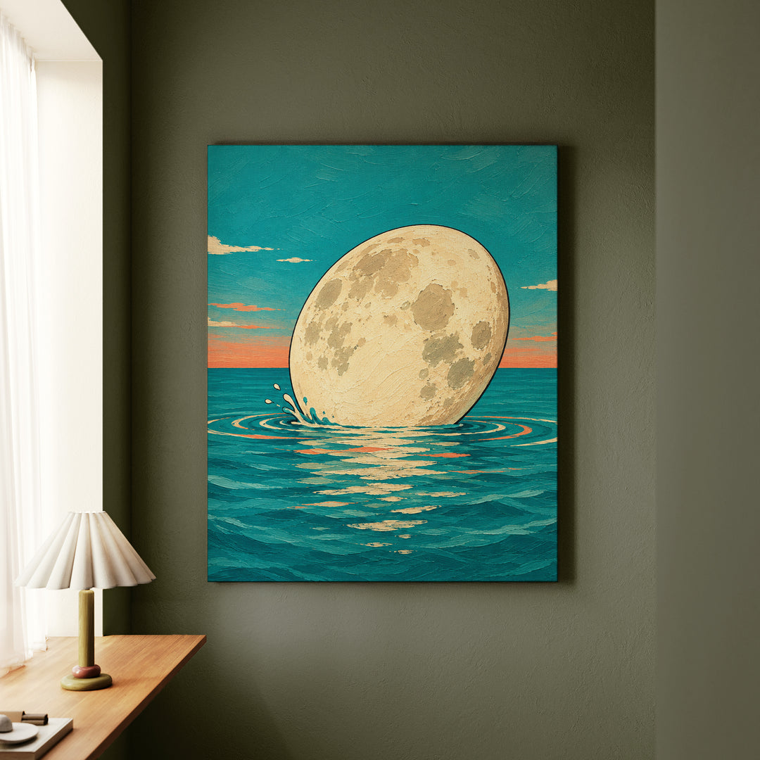 The Moon Takes a Coffee Break – Whimsical Wall Art with a Biscuit Dip in the Ocean – Canvas Wall Art