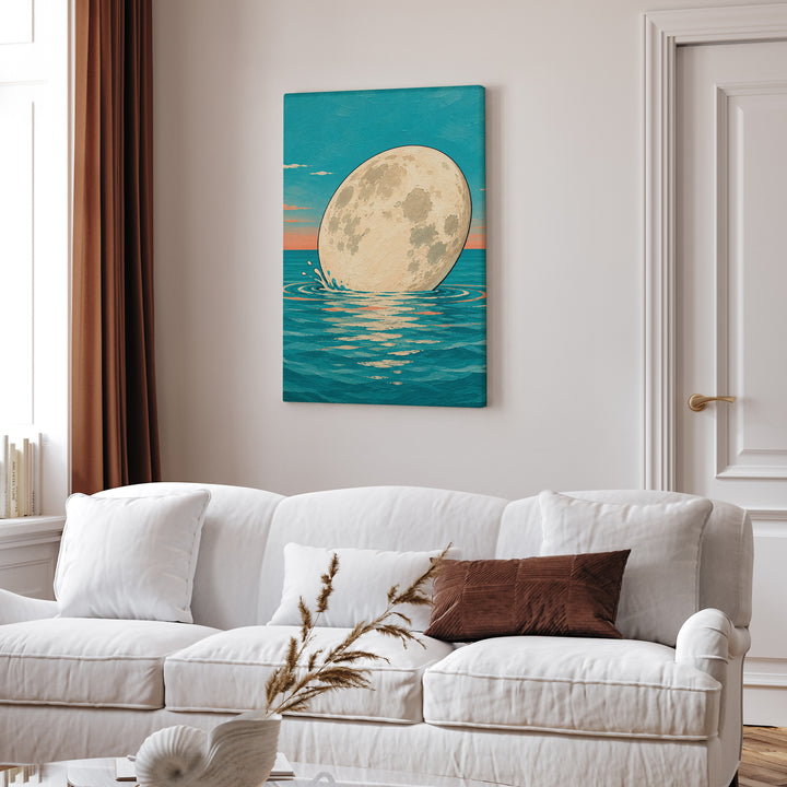 The Moon Takes a Coffee Break – Whimsical Wall Art with a Biscuit Dip in the Ocean – Canvas Wall Art