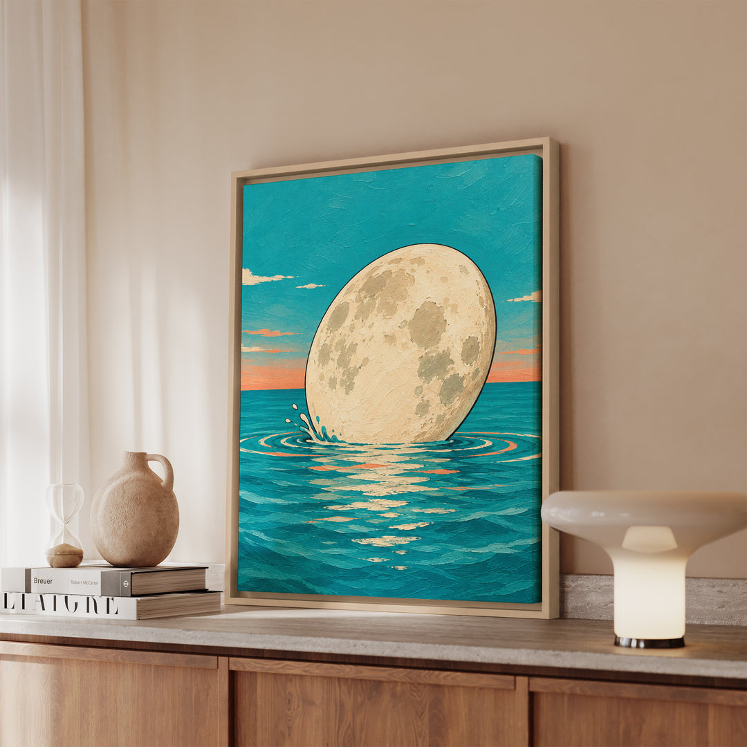 The Moon Takes a Coffee Break – Whimsical Wall Art with a Biscuit Dip in the Ocean – Framed Canvas Wall Art