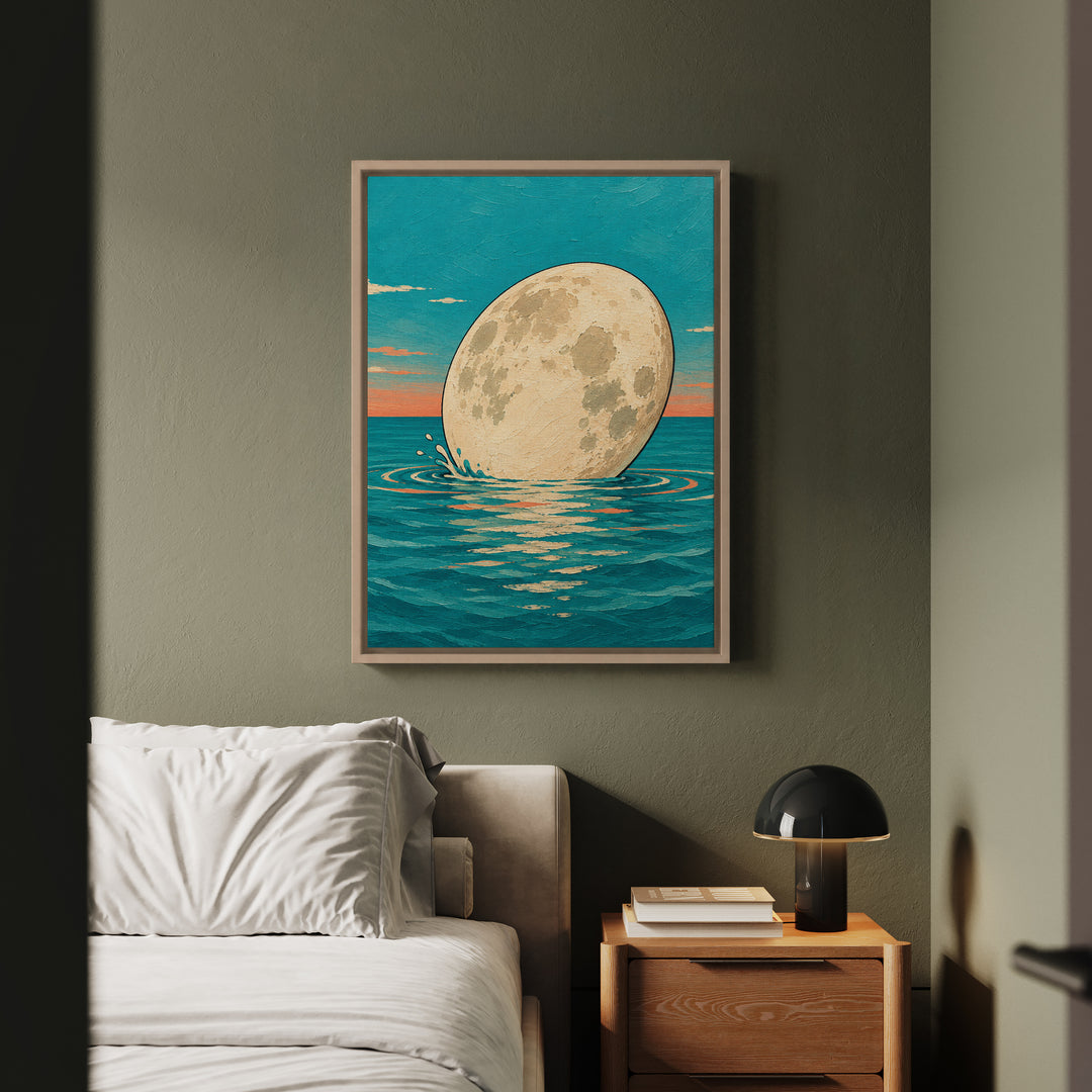 The Moon Takes a Coffee Break – Whimsical Wall Art with a Biscuit Dip in the Ocean – Framed Canvas Wall Art