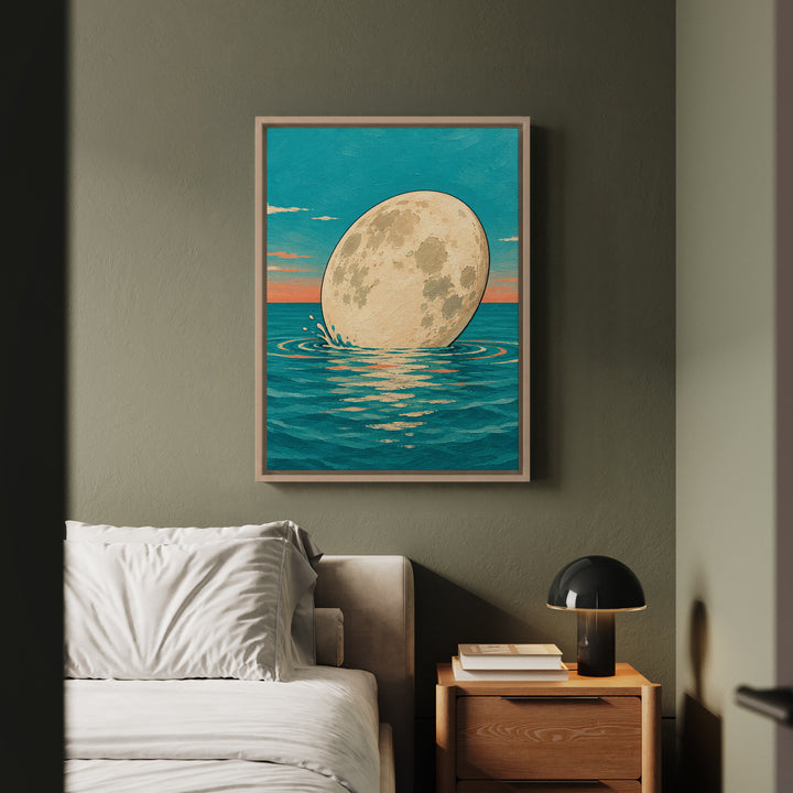 The Moon Takes a Coffee Break – Whimsical Wall Art with a Biscuit Dip in the Ocean – Framed Canvas Wall Art