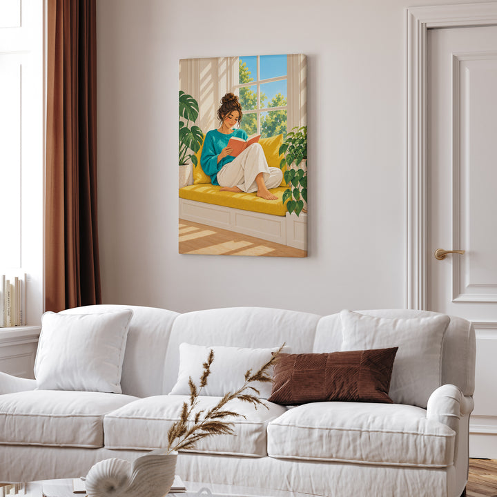 Woman Reading, Sunday – Reading Art with a Sunlit Yellow Window Seat – Canvas Wall Art