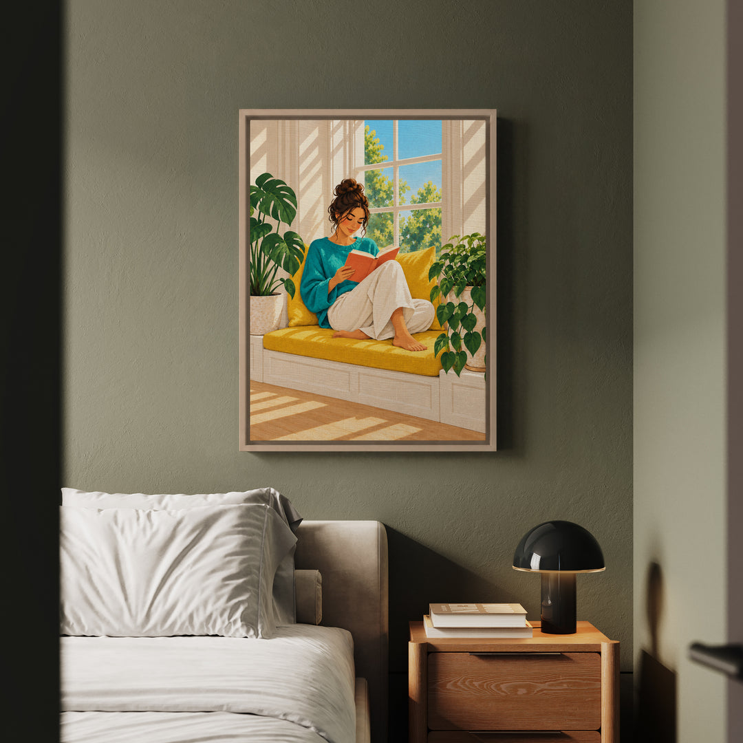 Woman Reading, Sunday – Reading Art with a Sunlit Yellow Window Seat – Framed Canvas Wall Art