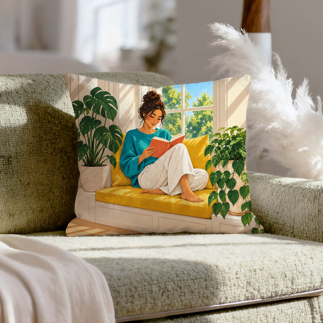 Woman Reading, Sunday – Reading Art with a Sunlit Yellow Window Seat – Pillow / Cover