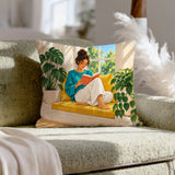 Woman Reading, Sunday – Reading Decor with a Sunlit Yellow Window Seat – Throw Pillow