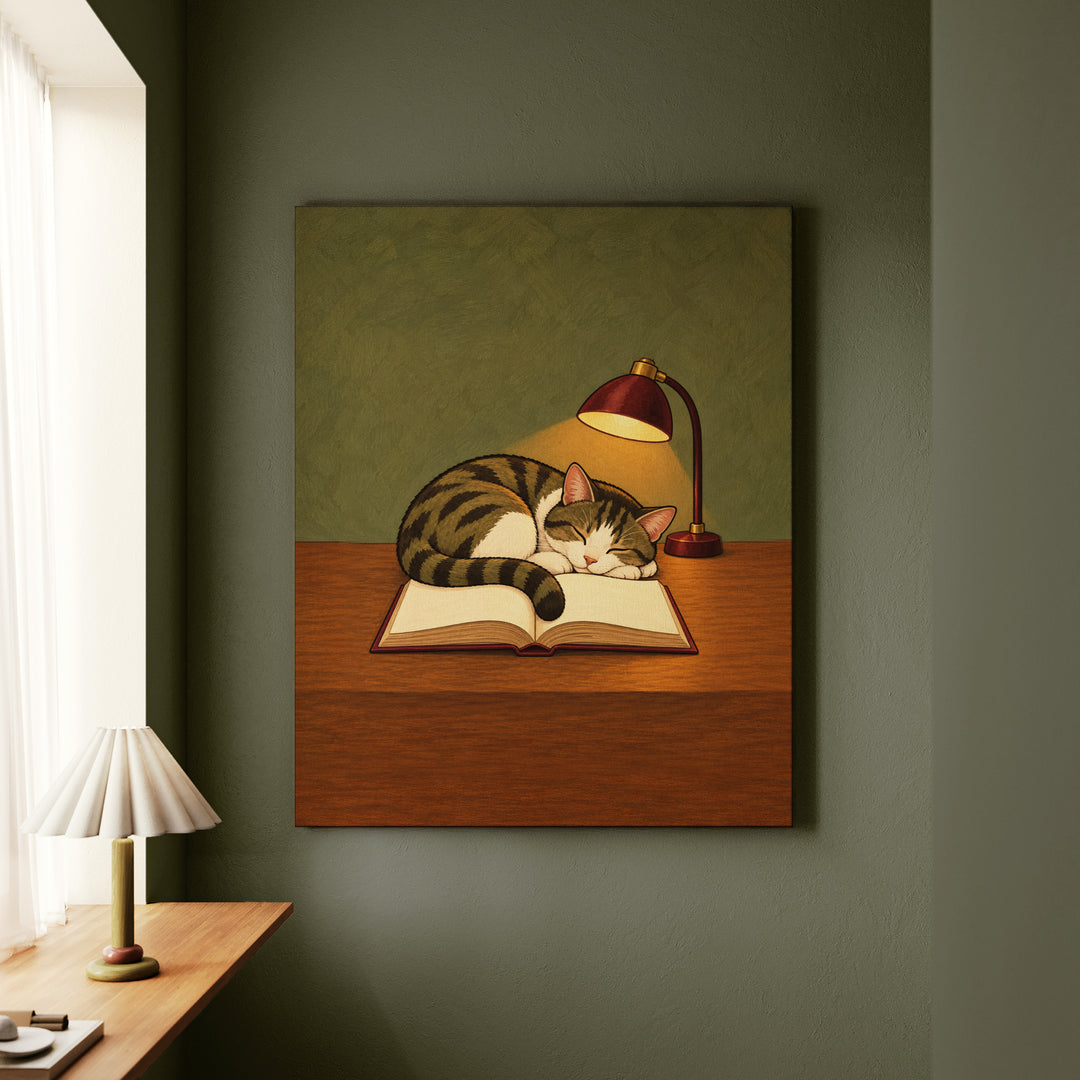 One More Chapter – Bookish Wall Art with a Cat Marking the Page – Canvas / Framed Canvas