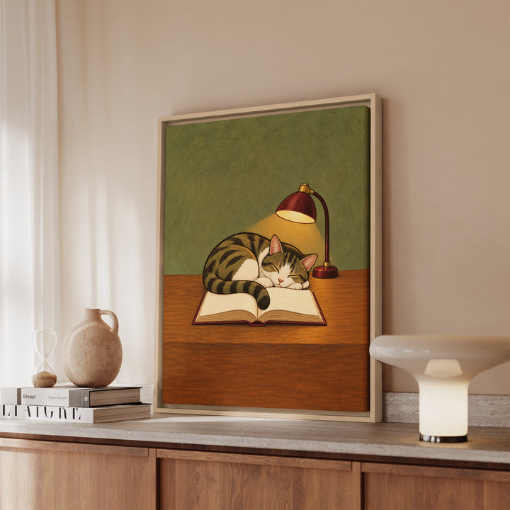 One More Chapter – Bookish Wall Art with a Cat Marking the Page – Canvas / Framed Canvas
