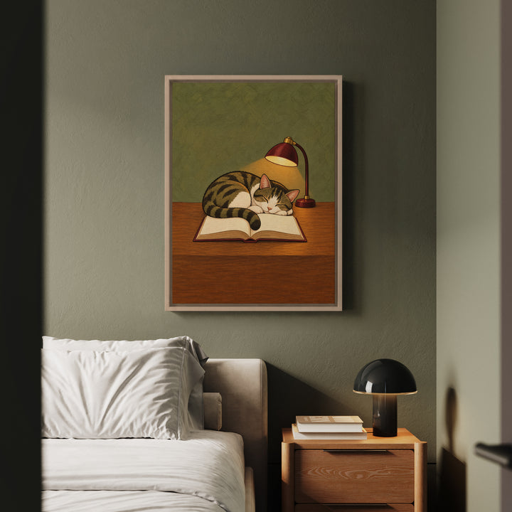 One More Chapter – Bookish Wall Art with a Cat Marking the Page – Framed Canvas Wall Art