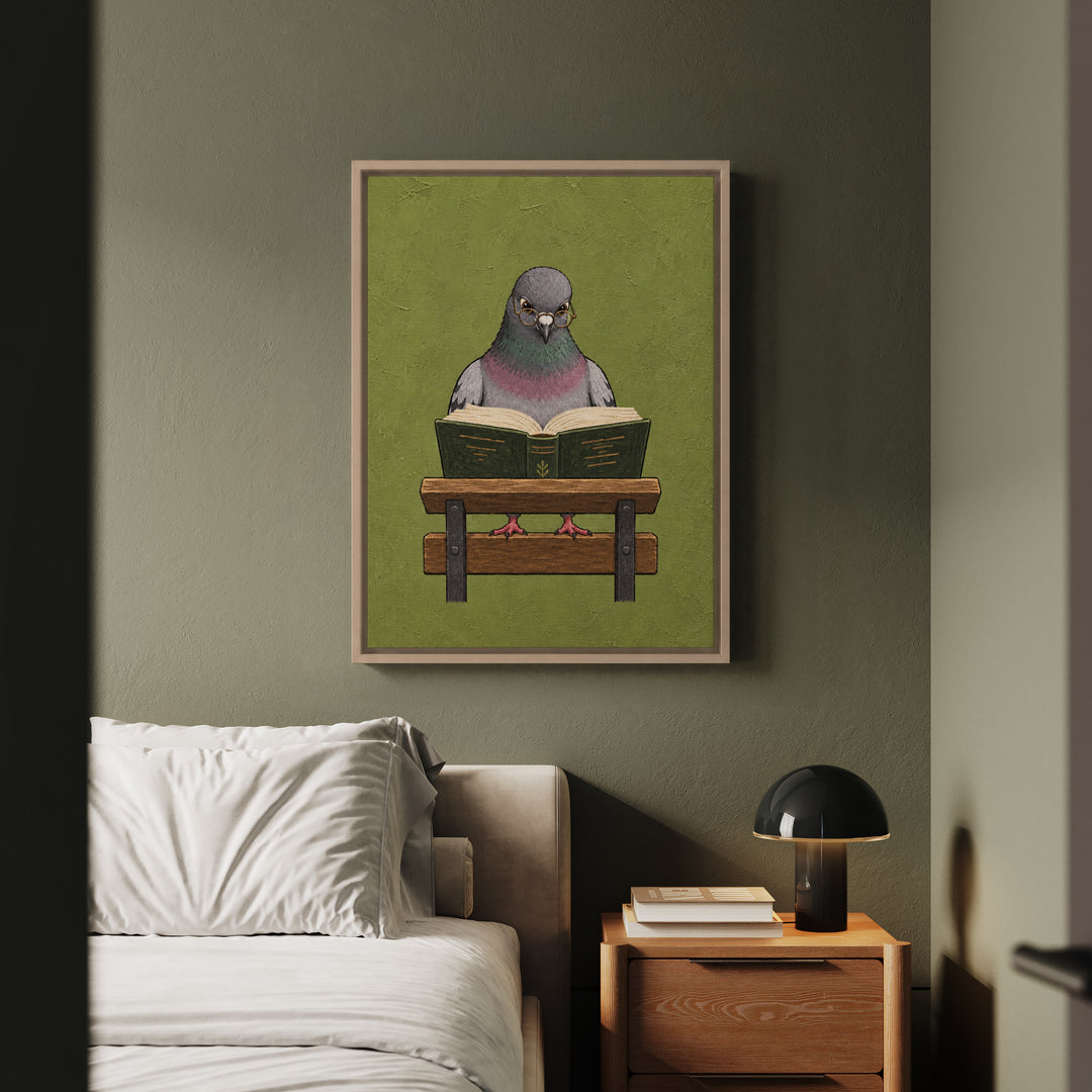 The Scholar – Pigeon Wall Art with Reading Glasses on a Park Bench – Canvas / Framed Canvas