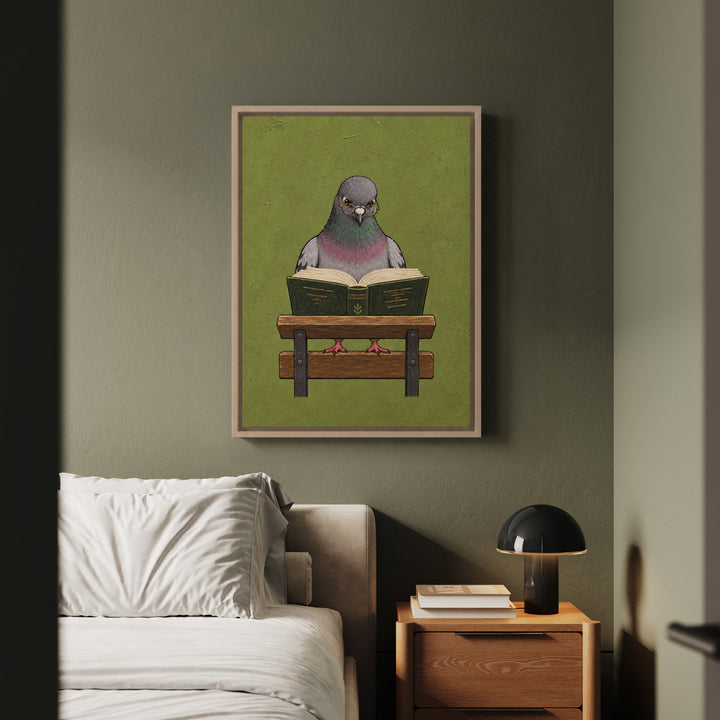 The Scholar – Pigeon Wall Art with Reading Glasses on a Park Bench – Canvas / Framed Canvas