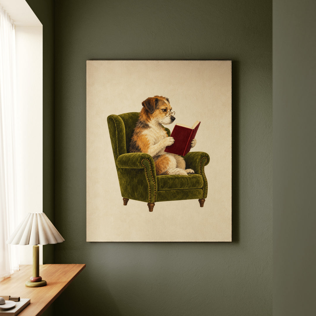 Well Read II – Bookish Wall Art with Spectacles and a Velvet Chair – Canvas Wall Art
