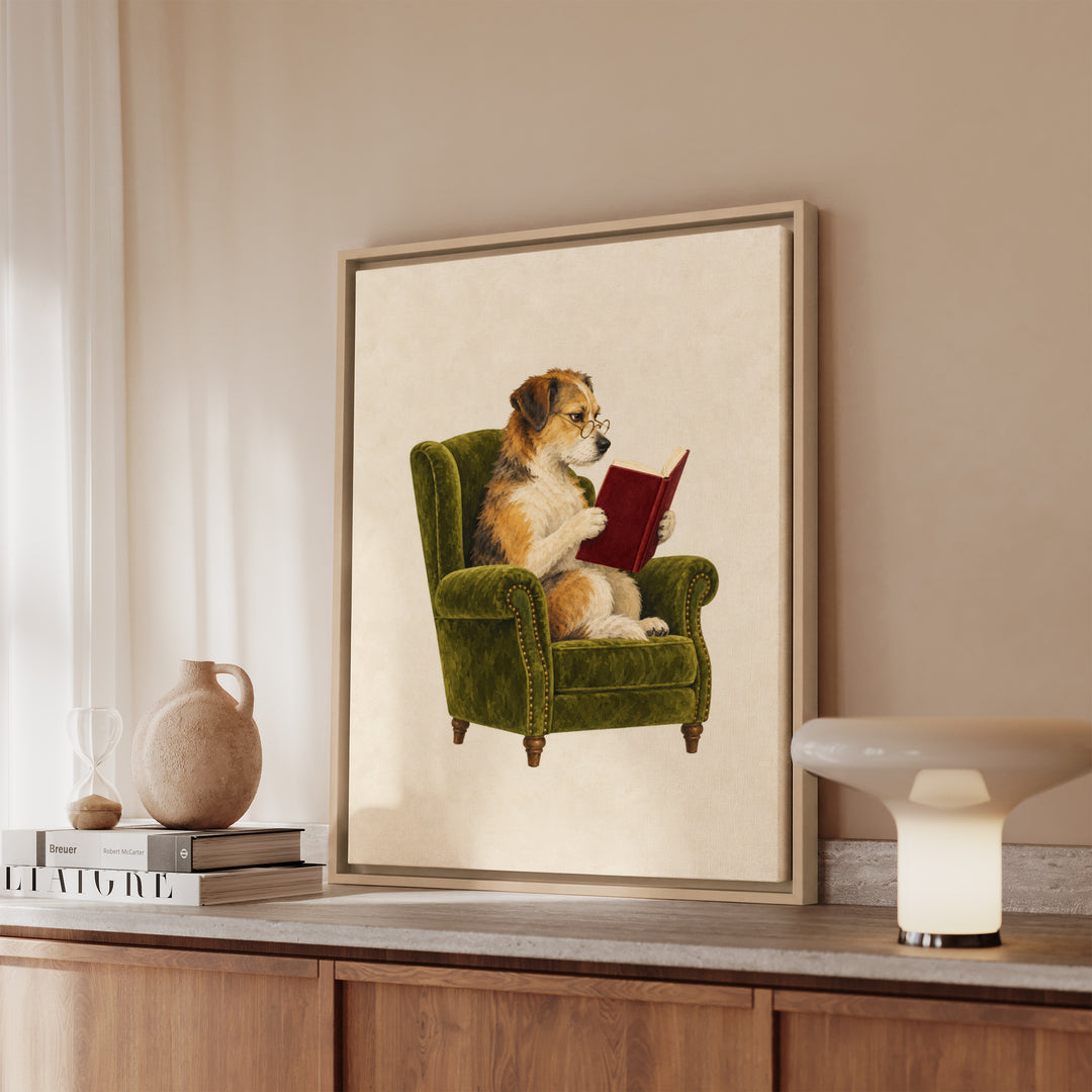Well Read II – Bookish Wall Art with Spectacles and a Velvet Chair – Framed Canvas Wall Art