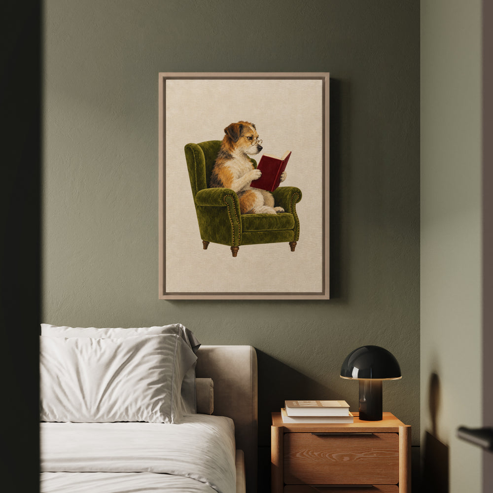 Well Read II – Bookish Wall Art with Spectacles and a Velvet Chair – Framed Canvas Wall Art