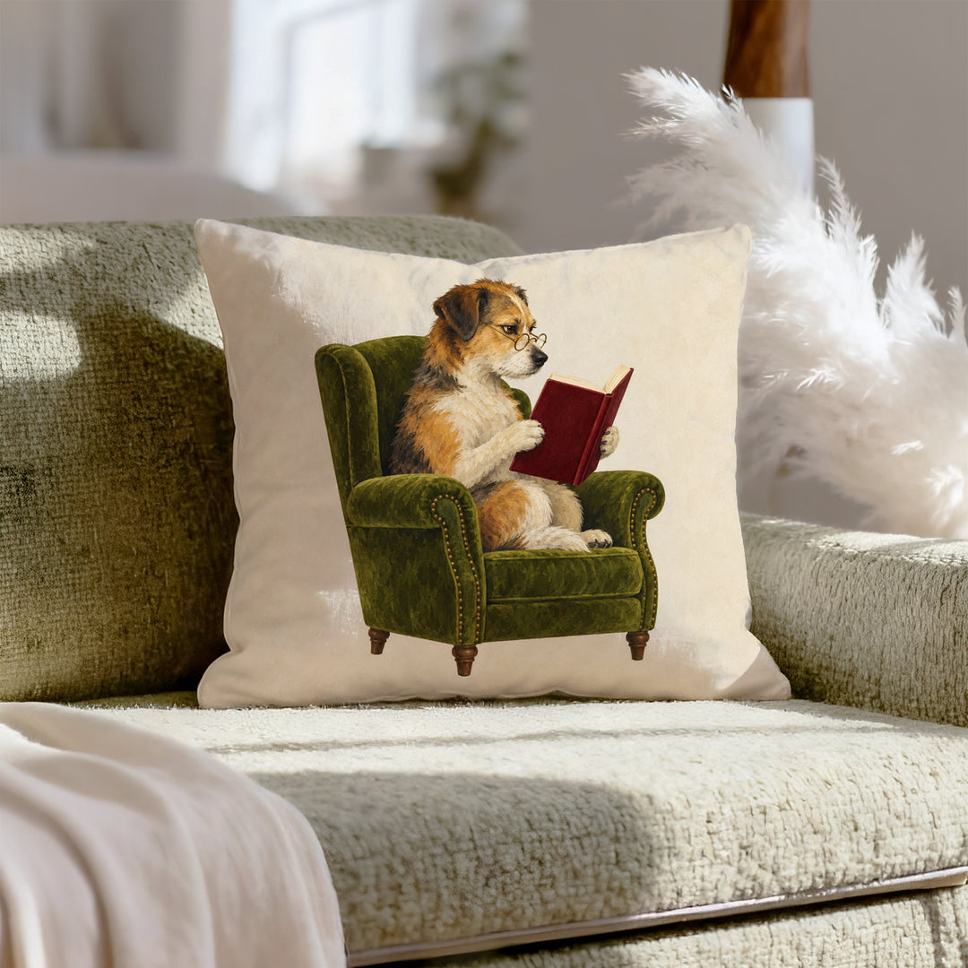 Well Read II – Bookish Decor with Spectacles and a Velvet Chair – Throw Pillow