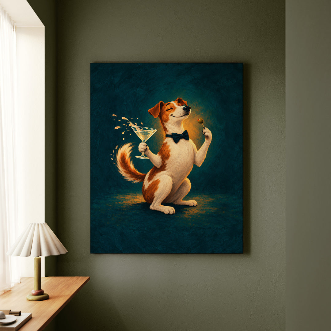 Dry Martini, Wet Nose – Cocktail Wall Art with a Speared Olive and a Paw – Canvas / Framed Canvas