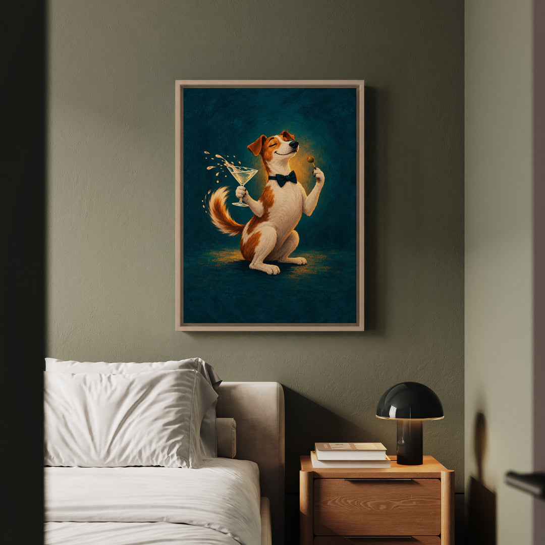 Dry Martini, Wet Nose – Cocktail Wall Art with a Speared Olive and a Paw – Canvas / Framed Canvas