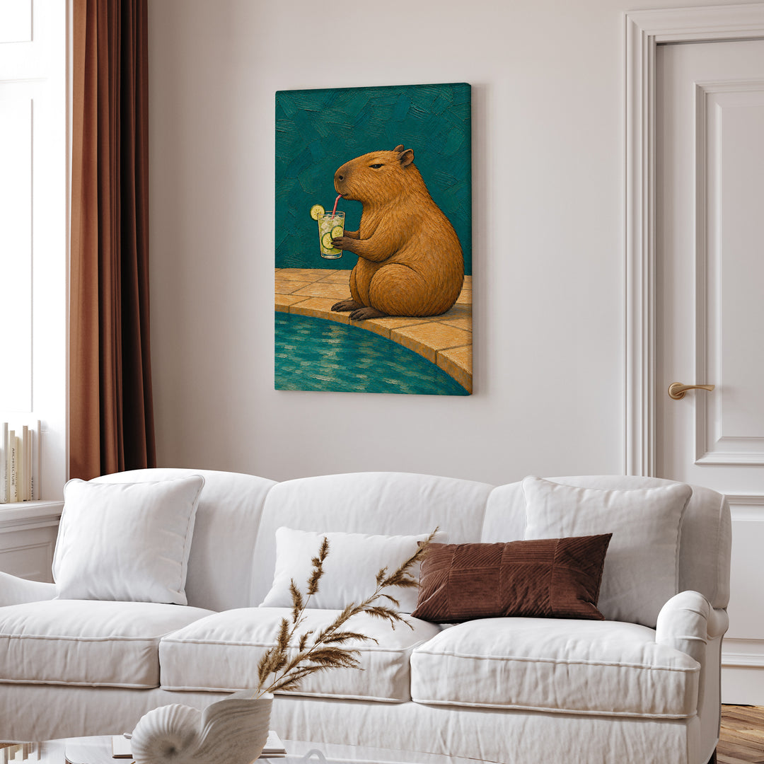 Mocktail Hour – Cocktail Art with a Capybara and a Cucumber Sip – Canvas / Framed Canvas