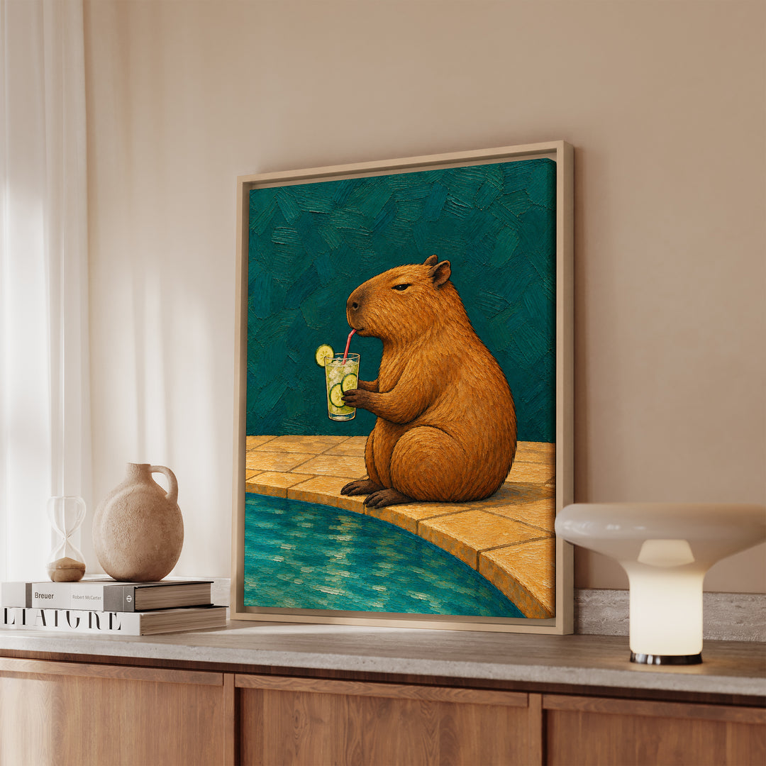 Mocktail Hour – Cocktail Art with a Capybara and a Cucumber Sip – Canvas / Framed Canvas