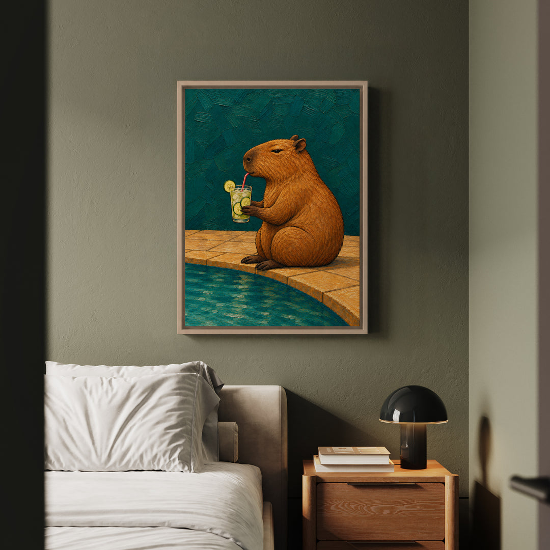 Mocktail Hour – Cocktail Art with a Capybara and a Cucumber Sip – Canvas / Framed Canvas