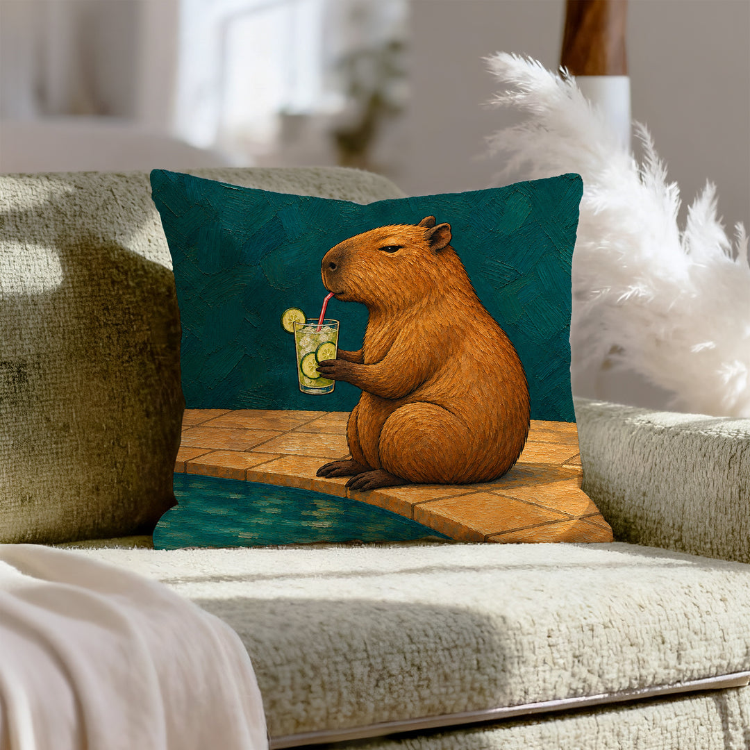 Mocktail Hour – Cocktail Decor with a Capybara and a Cucumber Sip – Throw Pillow