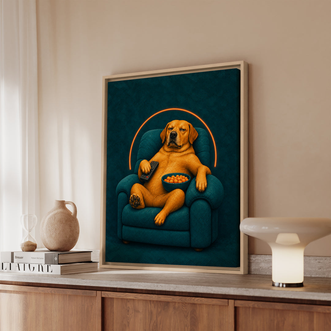 Man Cave Manager – Designer Wall Art with a Recliner and Neon Glow – Framed Canvas Wall Art