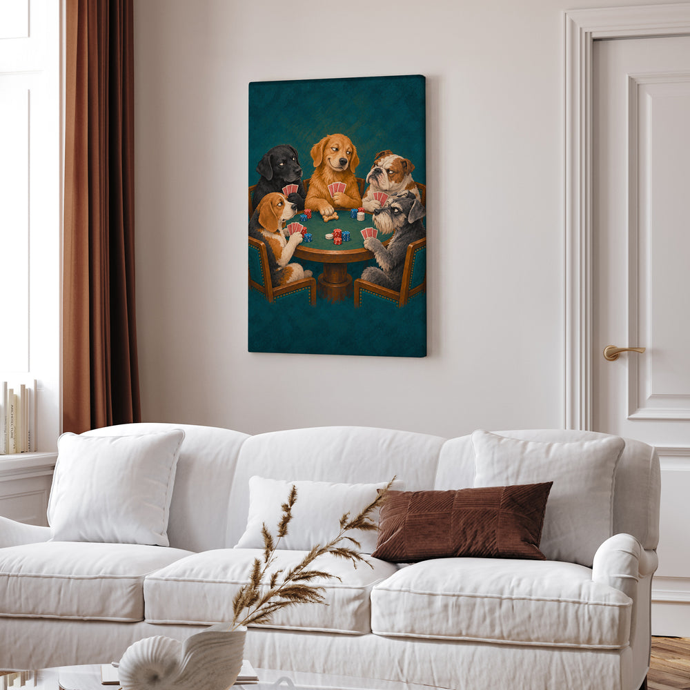 Poker Night – Dog Wall Art with Five Players and One Bluff – Canvas Wall Art