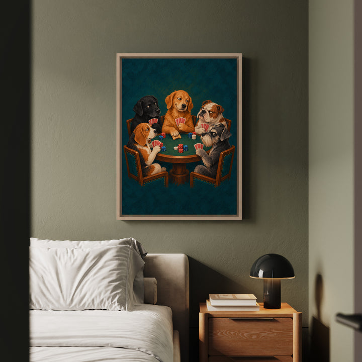 Poker Night – Dog Wall Art with Five Players and One Bluff – Framed Canvas Wall Art