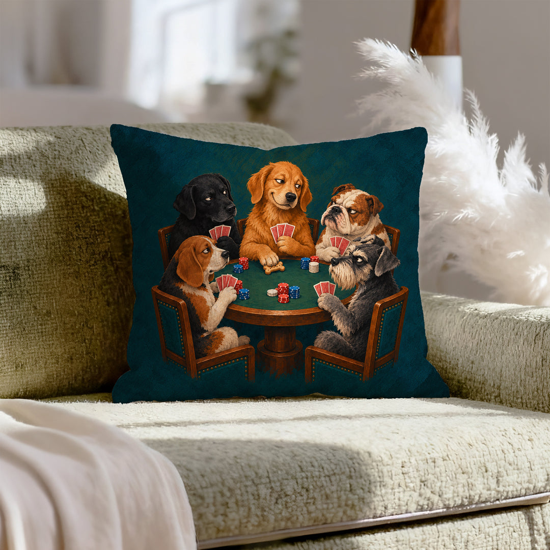 Poker Night – Dog Decor with Five Players and One Bluff – Pillow Cover