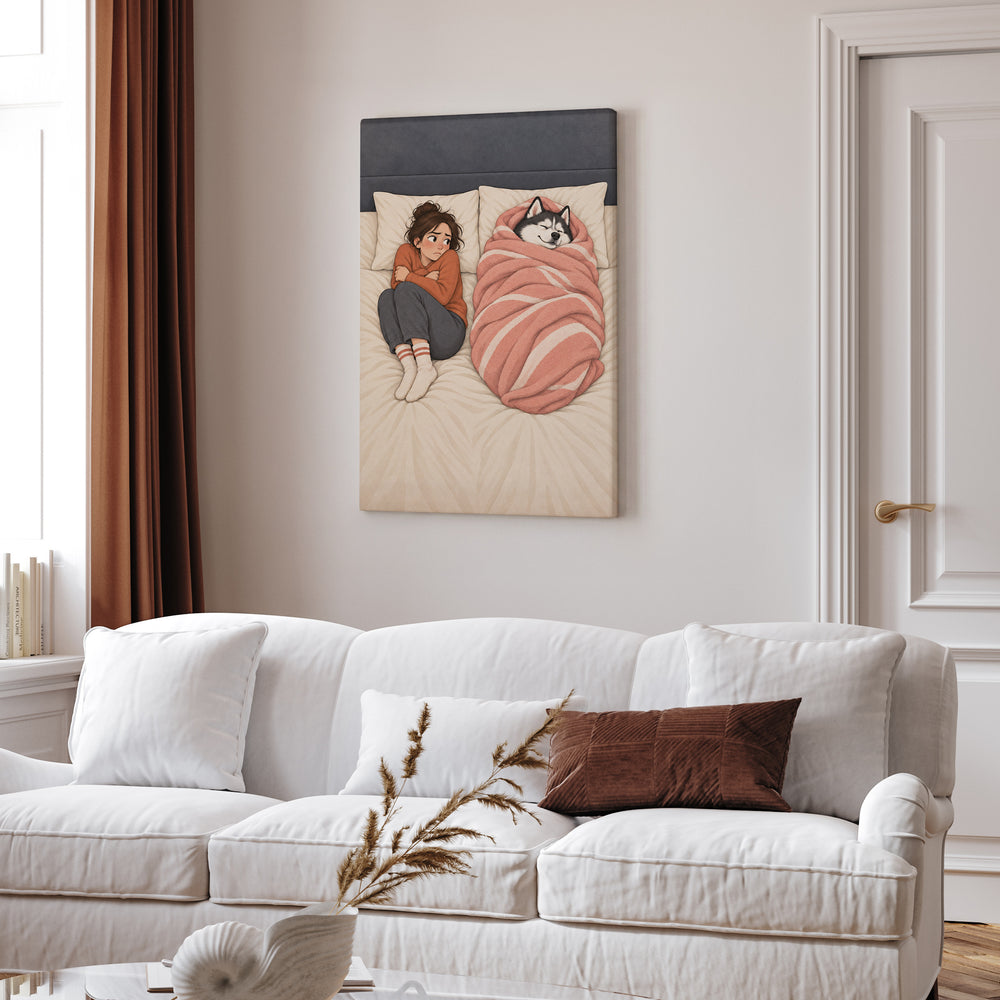 The Blanket Thief – Above Bed Art with a Husky and a Stolen Duvet – Canvas Wall Art