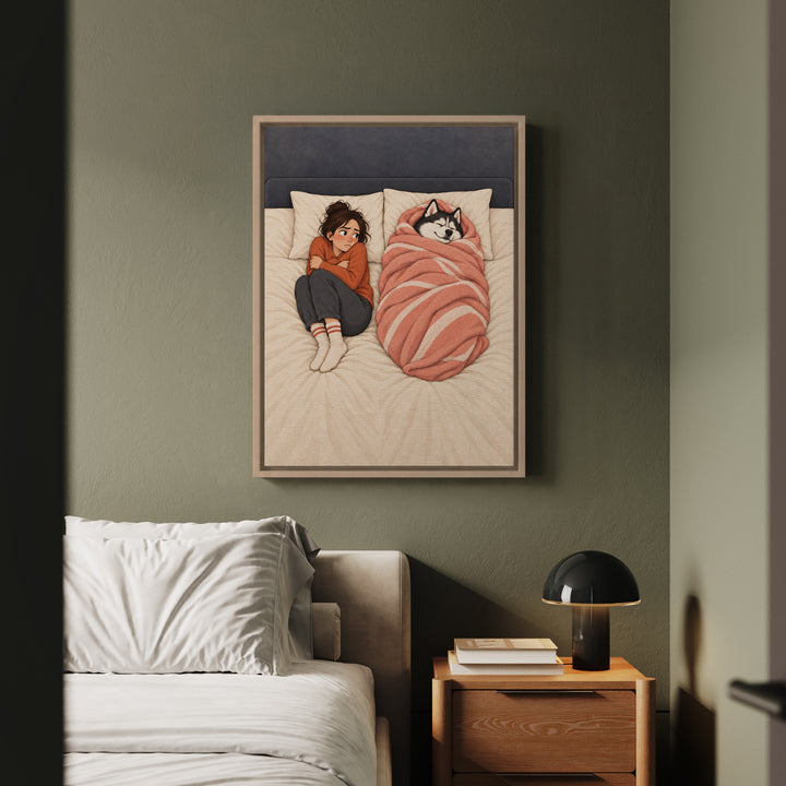 The Blanket Thief – Above Bed Art with a Husky and a Stolen Duvet – Framed Canvas Wall Art